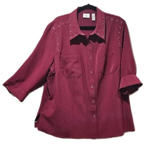 COVINGTON SILVER GROMMET BURGUNDY LONG SLEEVE BUTTON SNAP DOWN SHIRT TOP 22W - Picture 1 of 4